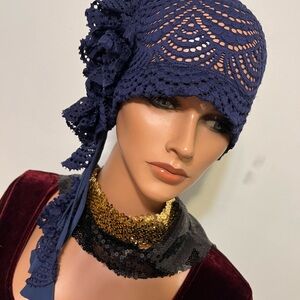 Elegant Navy Flapper Hat Cloche 1920 style Personalized Antique style Headpiece